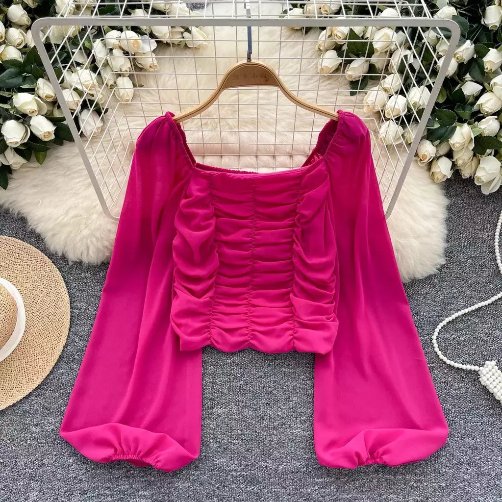 Blusa feminina plissada com pescoço quadrado, streetwear coreano, básico chique, streetwear casual, vintage sexy, manga lanterna, rua alta, outono, inverno