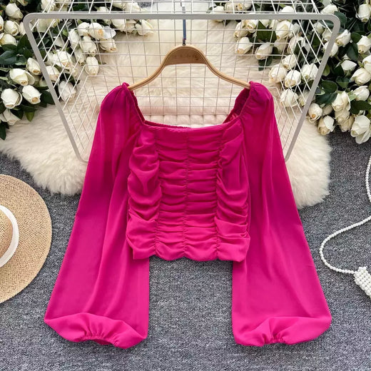 Blusa feminina plissada com pescoço quadrado, streetwear coreano, básico chique, streetwear casual, vintage sexy, manga lanterna, rua alta, outono, inverno