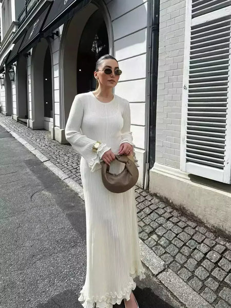 Elegante vestido de malha de manga comprida feminino, gola redonda, vestes finas brancas, vestidos de festa femininos, moda feminina, verão, outono, novo, 2022