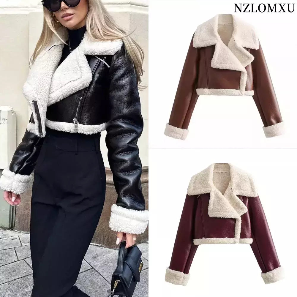Jaqueta de shearling falso feminina, casaco de pele de carneiro, jaquetas retrô motociclista, tops, inverno