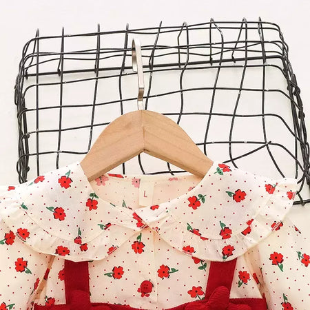 Outono novas meninas recém-nascidas vestido de manga longa dos desenhos animados fragmentado flor lapela bebê vestido de princesa flor cinta vestido