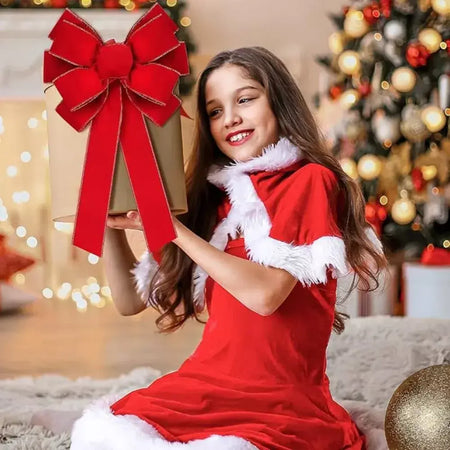 Laços de natal vermelhos decorações ao ar livre grande árvore de natal arco superior grinalda de veludo com glitter borda dourada decoração da porta da frente