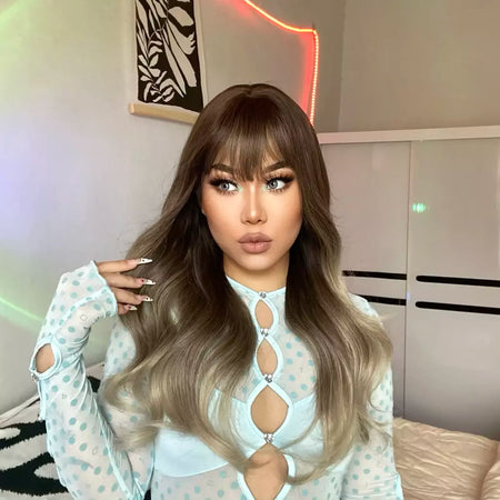 Louis ferre longo ombre loira perucas sintéticas com franja para mulheres onda natural penteado fibra resistente ao calor cosplay perucas marrons