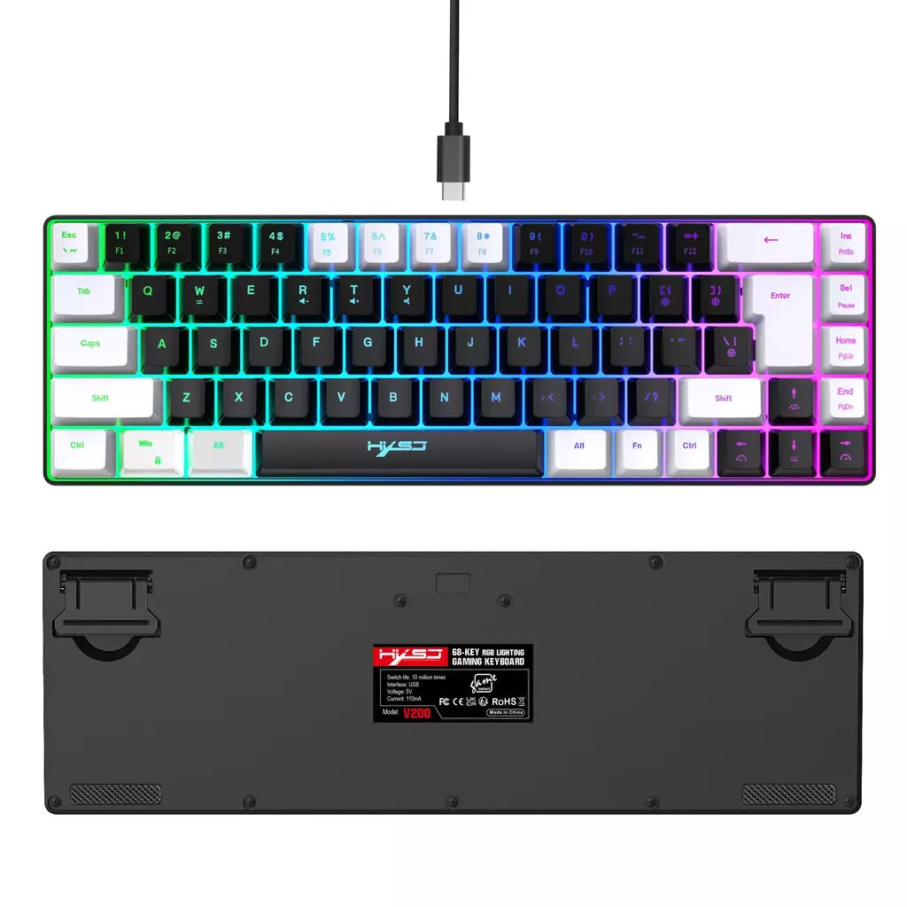 Teclado para jogos com fio USB, 68 teclas, 20 RGB Backlight, Keycaps preto e branco, Windows Laptops, Computador