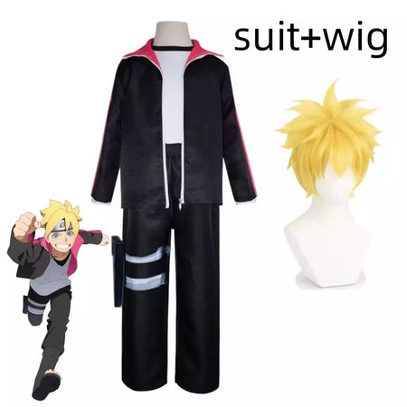 Anime uzumaki boruto cosplay traje ninja preto mangas compridas casaco calças peruca adulto crianças homem mulher halloween carnaval terno