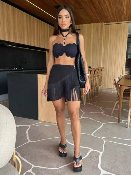 Conjunto sexy de biquíni feminino, sutiã de renda, mini saia, férias de praia, fato de banho feminino casual, 2 peças, verão