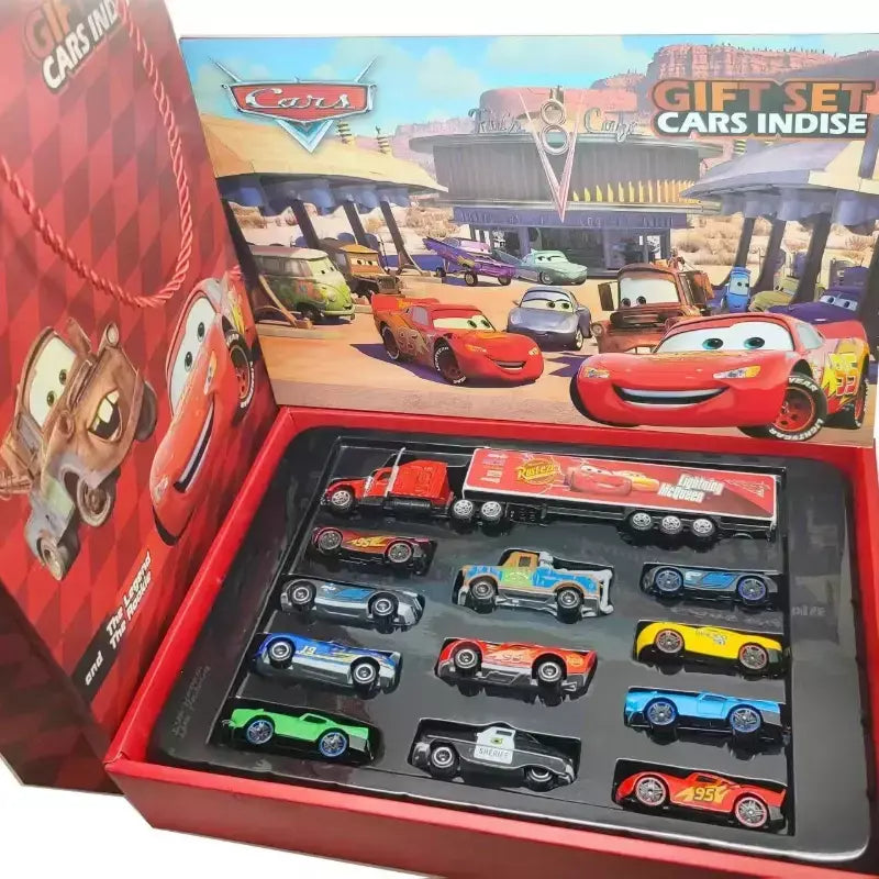 12 pçs disney pixar carros caixa de presente metal diecast relâmpago mcqueen modelo carro brinquedo jackson tio caminhão menino brinquedos aniversário