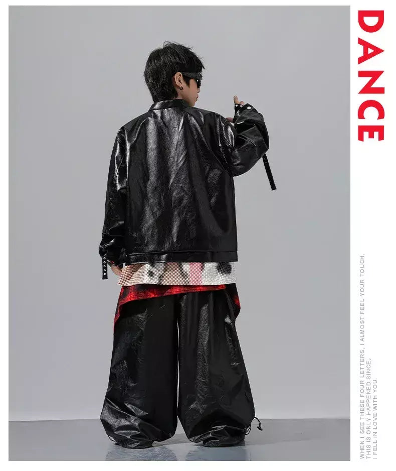 Meninos hio hop letras jaqueta de couro dança de rua calças de carga soltas meninas k-pop streetwear crianças conjunto de roupas jazz traje
