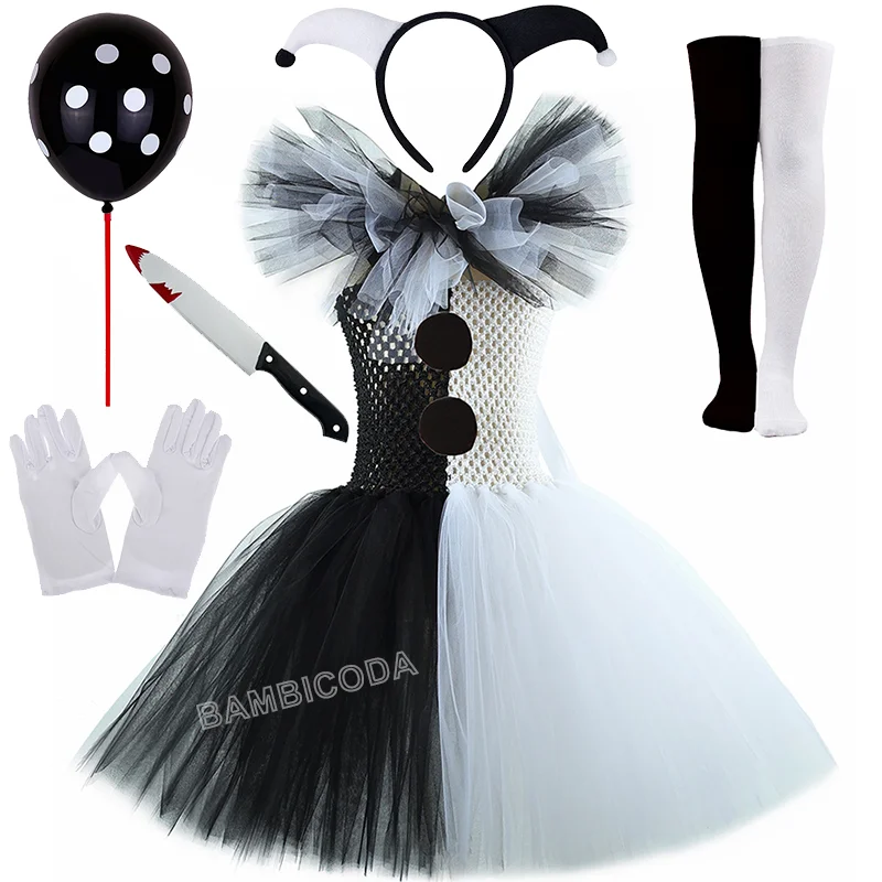O traje de palhaço terrível arte menina preto branco fantasia tutu vestido horror coringa vestido para meninas trajes de festa de carnaval de halloween