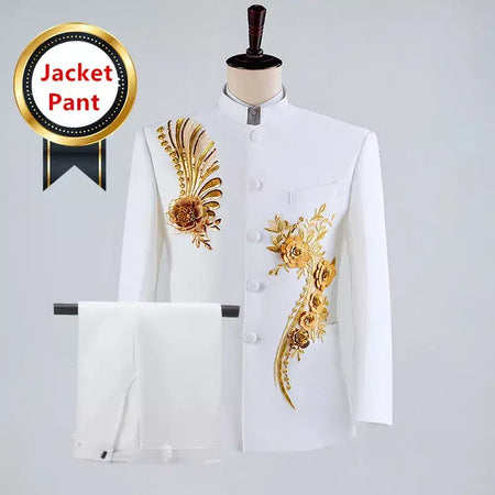 (Jaqueta + calça) moda masculina palco desempenho vestido ternos 2025 novo masculino estilo chinês levante-se colarinho decalque blazer e calças