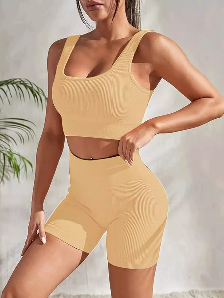 Terno de Yoga Esportivo de Secagem Rápida para Mulheres, Fitness Wear, Rosqueado, Shorts Apertados, Roupas de Treino Apertadas, Pêssego, Clássico