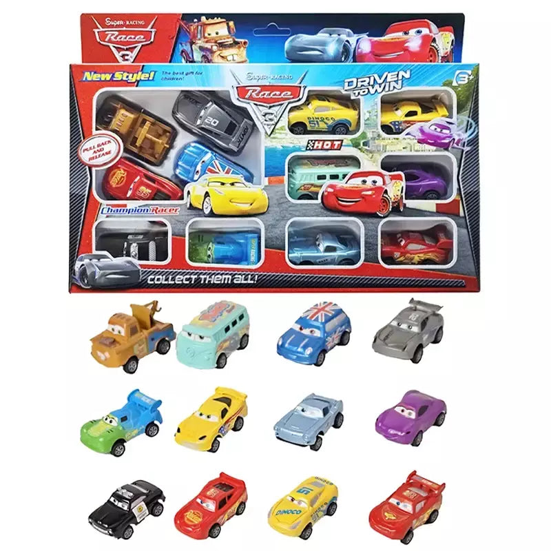 Mini 12 pçs disney pixar carros 3 pistão copo rebote carro coleção relâmpago mcqueen jackson tempestade pvc modelo de carro brinquedo para crianças