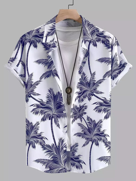 Camisa de lapela masculina de manga curta, estilo havaiano, padrão tropical de coqueiro, tops grandes, férias de verão