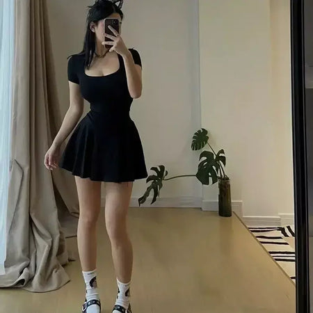 Verão novo desejo puro gola quadrada manga curta bodycon vestido elástico mini saia moda feminina fibra de poliéster cintura império