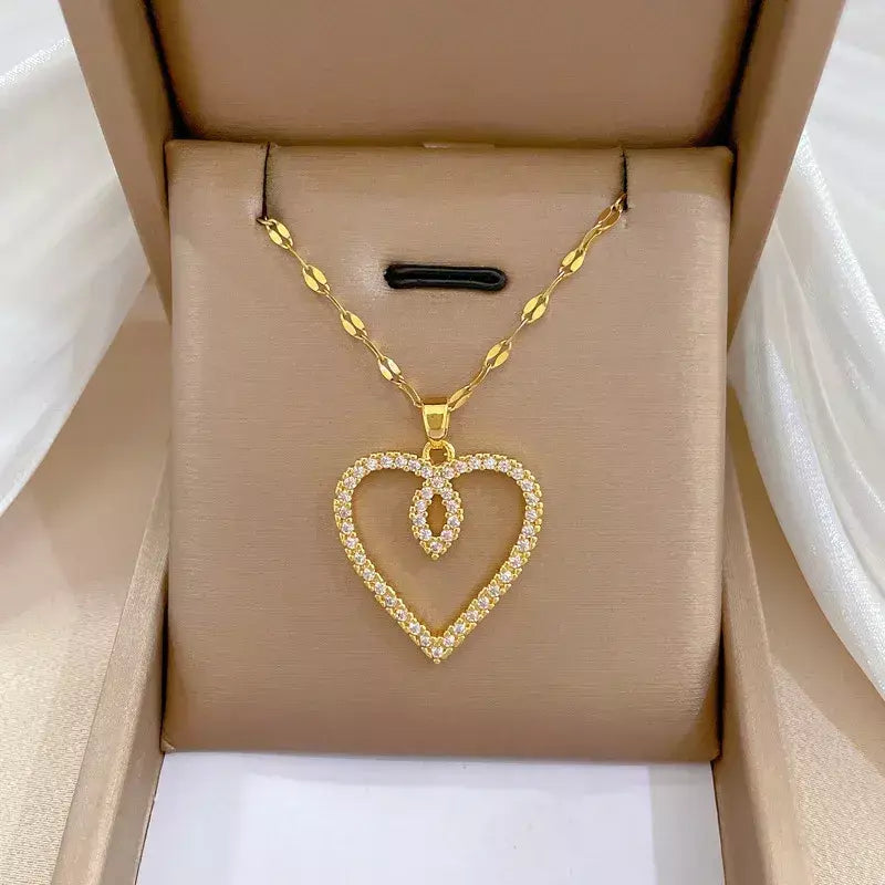 Colares Coração de Zircônia em Aço Inoxidável Mulheres Colar Metal Cor Dourada Festa de Aniversário Joias Diárias para meninas, Trendy and Love