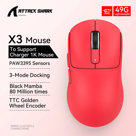 Ataque tubarão x3pro/x3 mouse sem fio, pixart paw3395, 26k dpi, luz, para jogos macro, laptop/win/mac