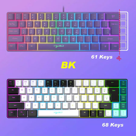 Teclado para jogos com fio USB, 68 teclas, 20 RGB Backlight, Keycaps preto e branco, Windows Laptops, Computador