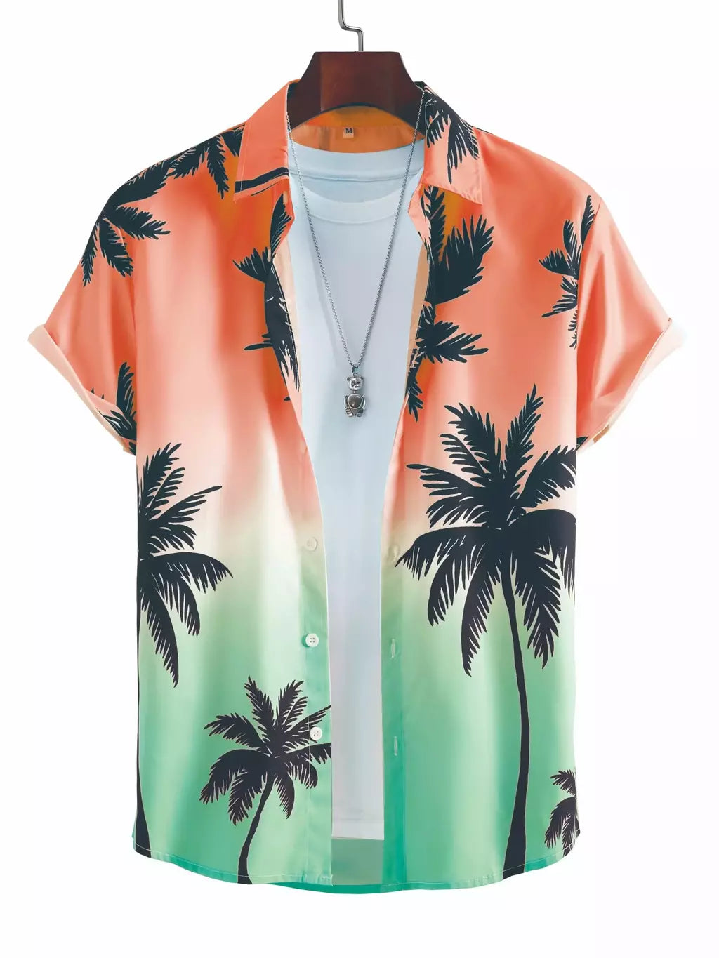 Camisa de lapela masculina de manga curta, estilo havaiano, padrão tropical de coqueiro, tops grandes, férias de verão