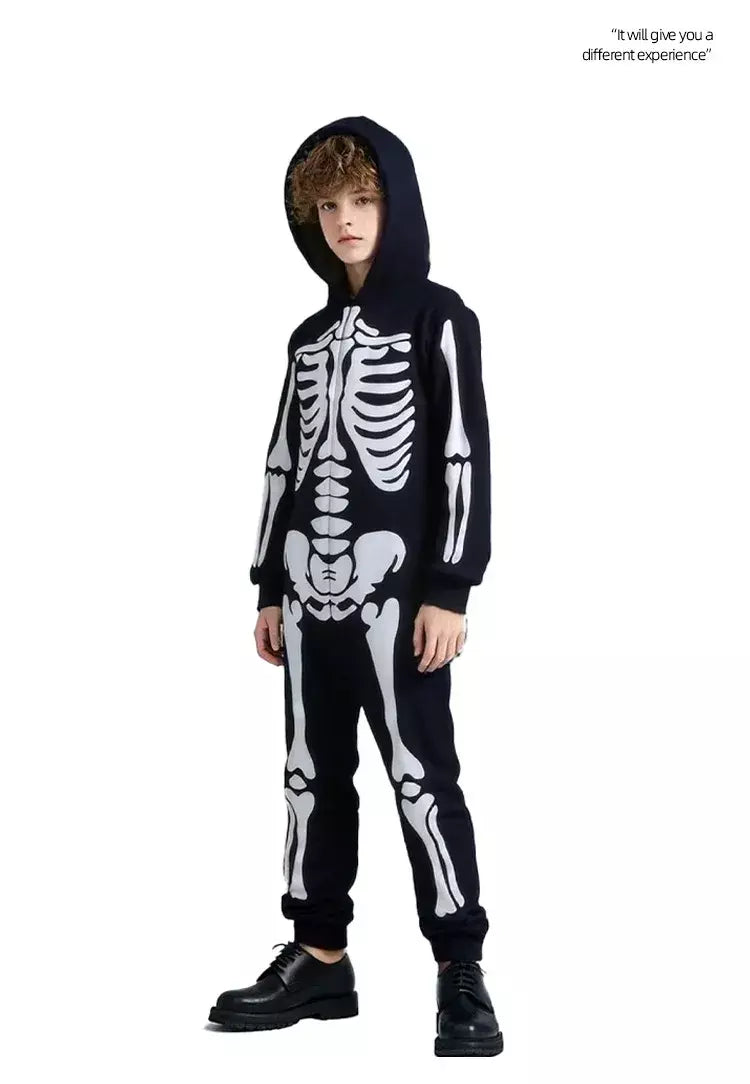 Halloween meninos trajes esqueleto horror preto luminoso fantasma apertado com capuz macacão palco papel traje desempenho terno