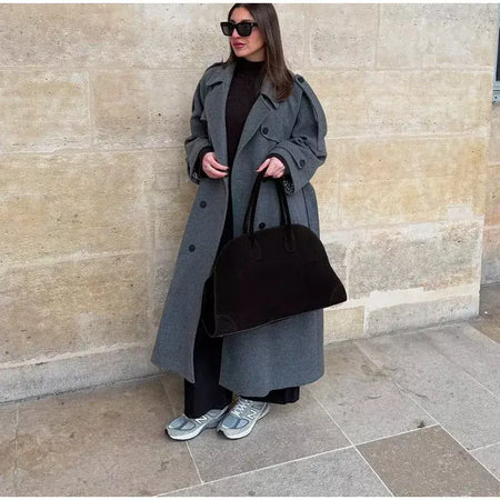 Trench coat maxi oversized feminino com lapela entalhada com cinto duplo breasted vintage streetwear 2025 tendência casual casacos diários