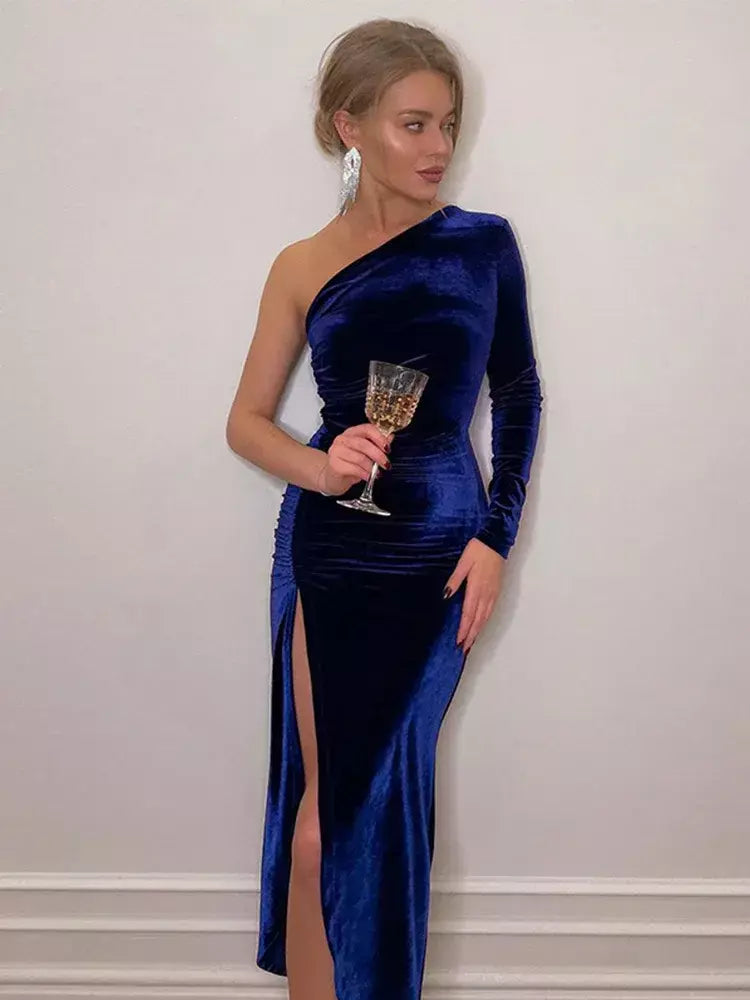 Feminino elegante manga longa festa noite veludo bodycon split lápis midi vestido primavera outono roupas