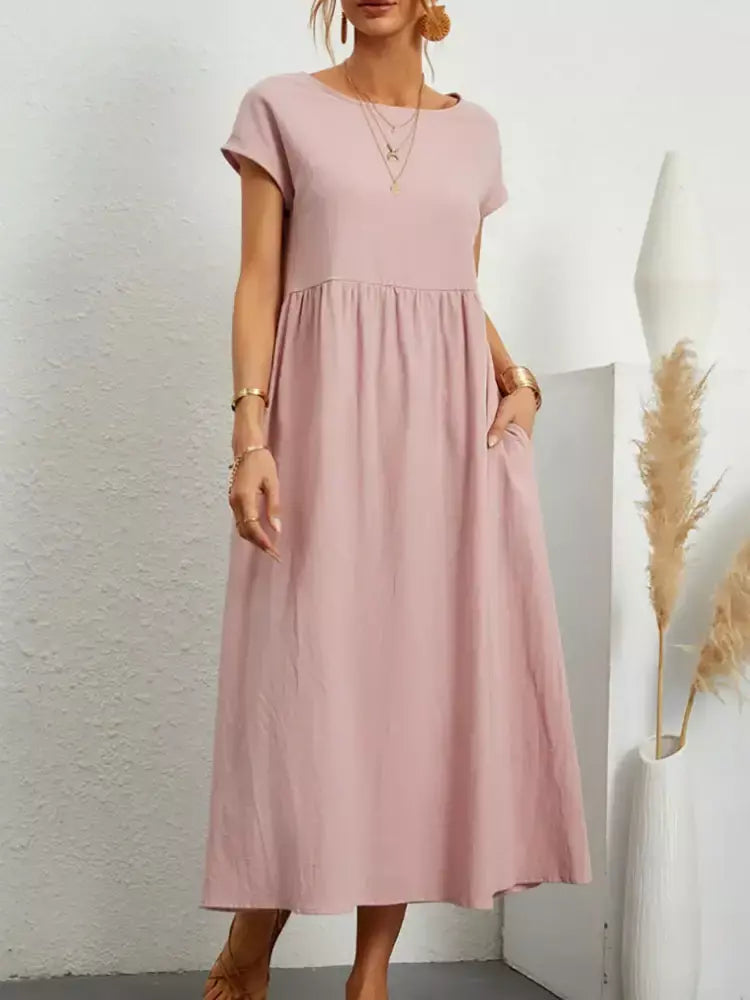 Vintage sólido midi vestido casual manga curta algodão e linho harajuku oversized vestido longo feminino verão y2k maxi vestido de verão 2023
