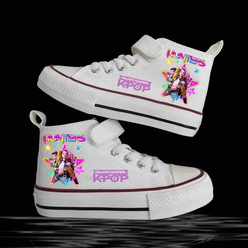 Novas crianças sapatos de lona de alta qualidade meninas sapatos kpop demônio caçadores crianças sapatos de placa branca estudante correndo tênis sapatos brancos