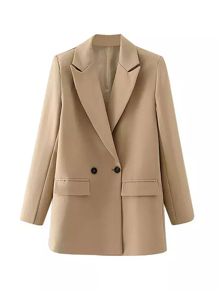 TRAF-Blazer de trespassado feminino, gola entalhada, manga comprida, chique, senhora do escritório, casaco vintage, casacos femininos, tops elegantes, moda