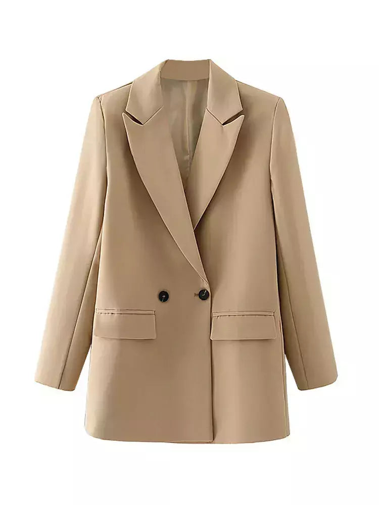 TRAF-Blazer de trespassado feminino, gola entalhada, manga comprida, chique, senhora do escritório, casaco vintage, casacos femininos, tops elegantes, moda