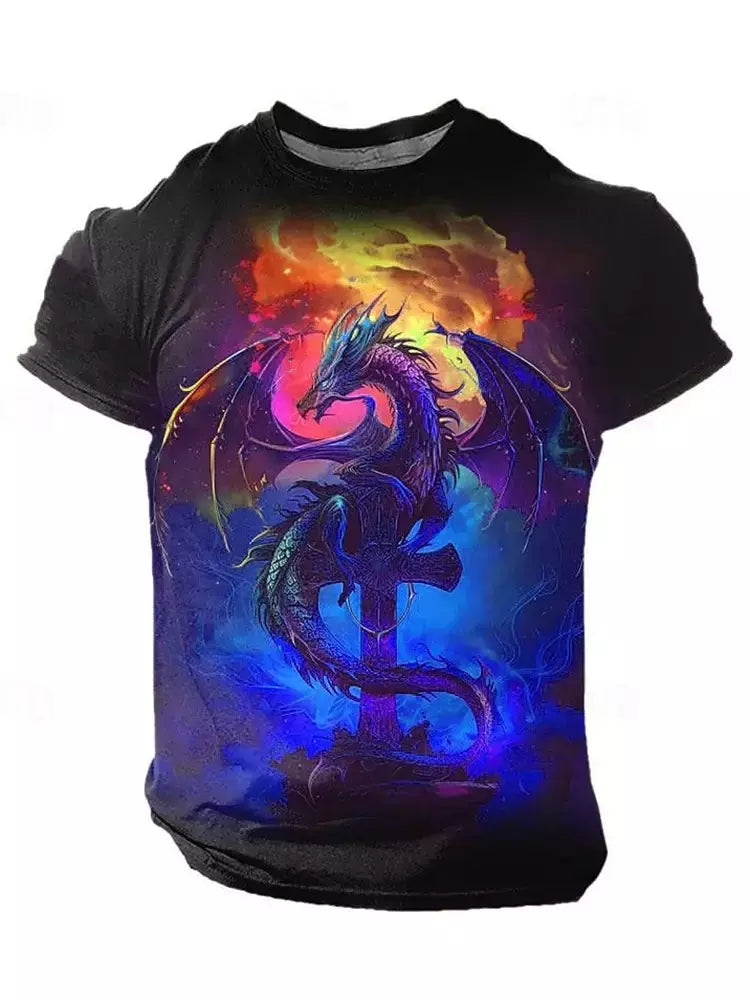 Camiseta de manga curta com estampa Dragão 3D masculina, camiseta casual diária de rua, esportes ao ar livre, moda urbana, verão