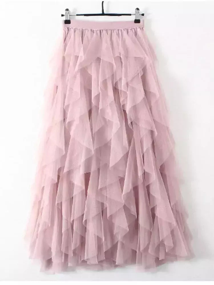 TIGENA-Tutu saia comprida de tule para mulheres, cintura alta, saia plissada, malha, rosa, moda coreana, fofa, estética, feminina, senhora, 2023