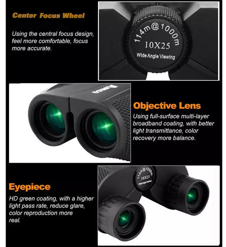 Comet binóculos 10x25 bolso de longo alcance hd telescópio dobrável compacto bak4 prisma binocular escopo óptico lente fmc para caça