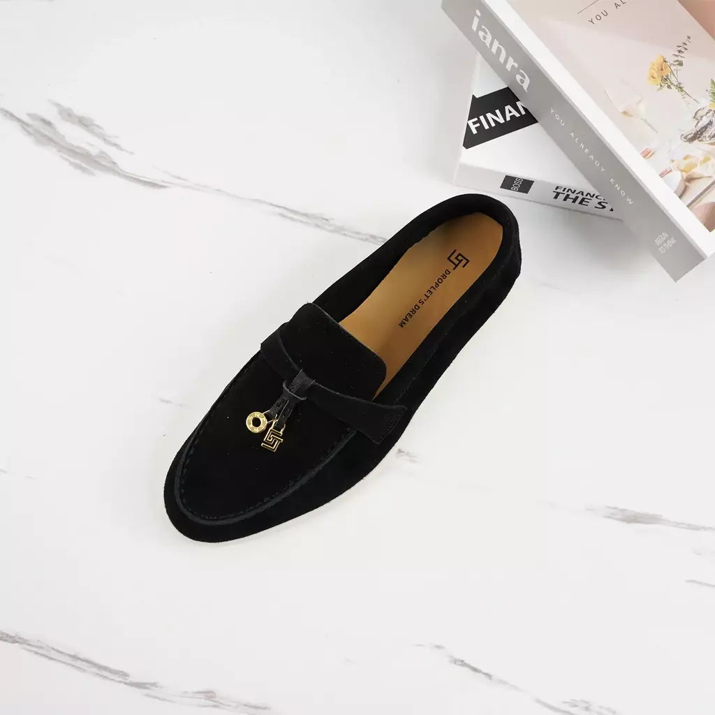 Sapatos de mula de camurça antiderrapante para mulheres, sapatos para dirigir, pingente de metal, marca de luxo, moda casual confortável, Le Fu