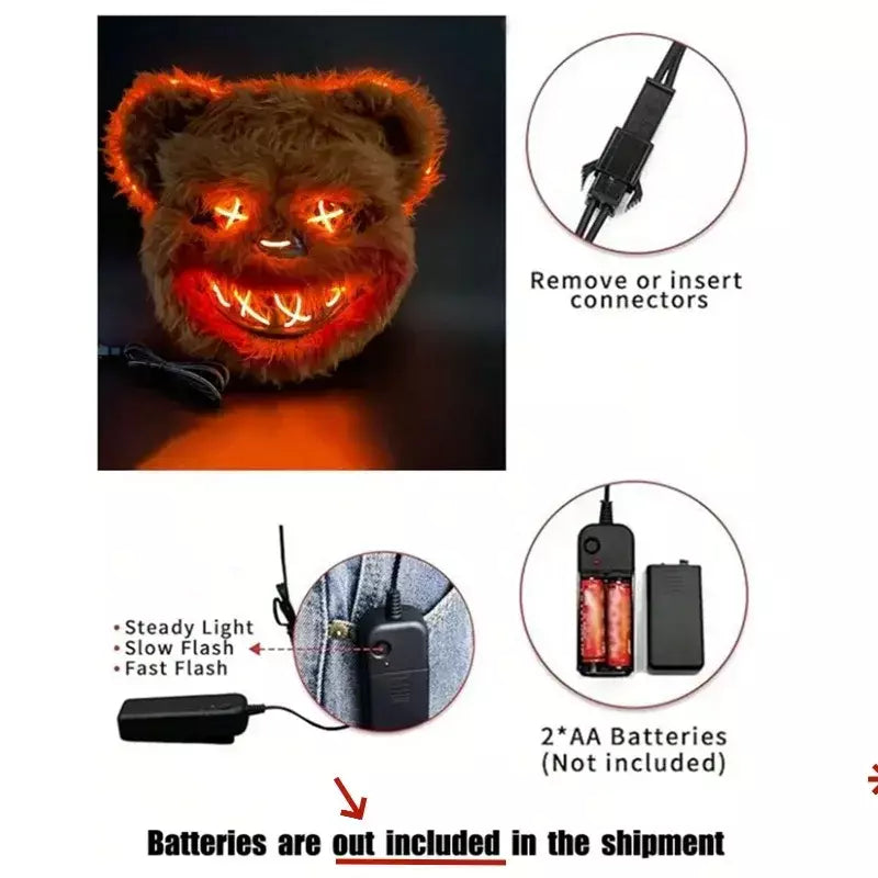 Nova luz led halloween cosplay máscara facial festa mostrar palco maquiagem horror sangrento coelho urso máscara dos desenhos animados carnaval cabeça capa