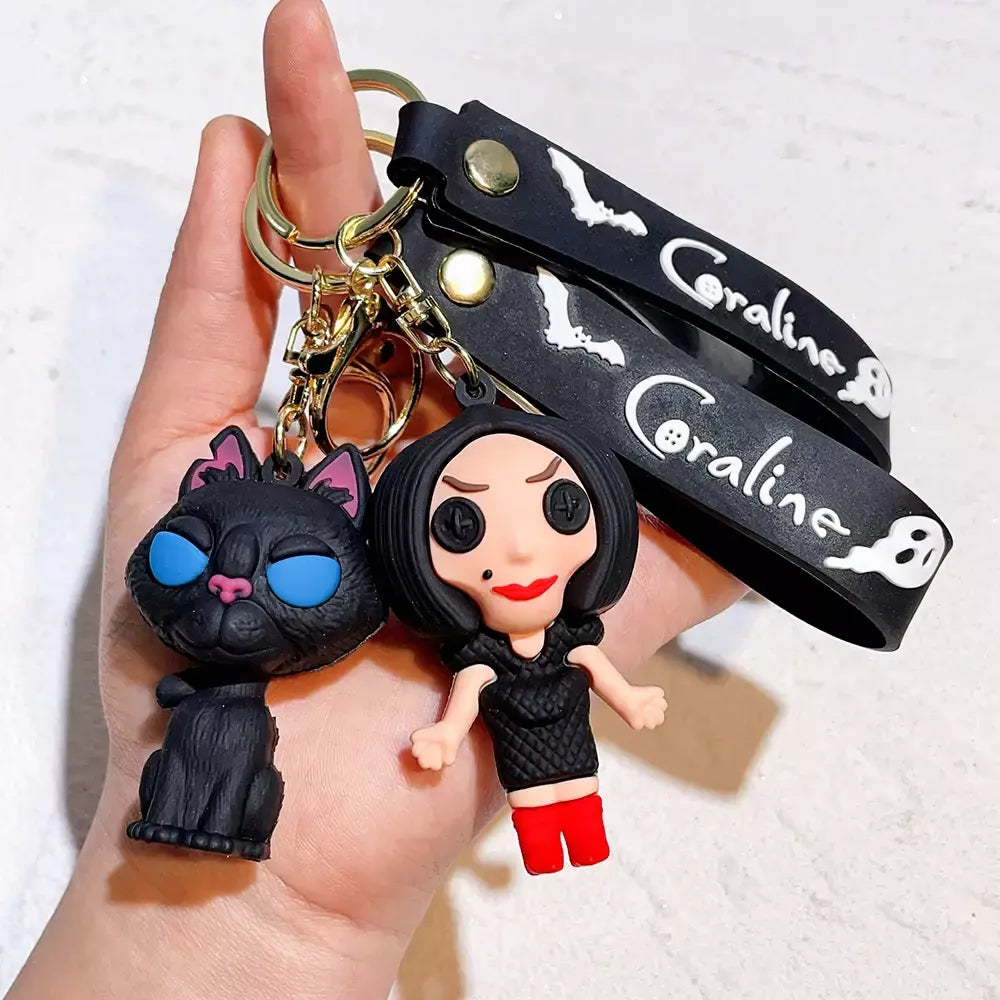 Criativo dos desenhos animados filme de ação coraline figura boneca modelo bonito boneca pvc chaveiro ornamento chaveiro pingente crianças presentes