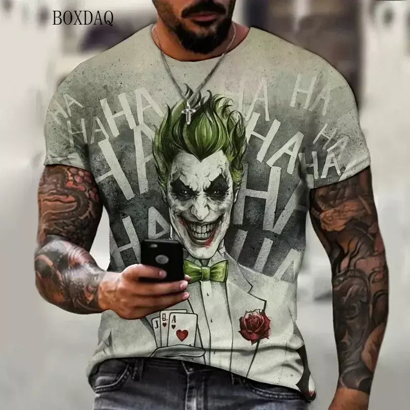 Camiseta masculina de manga curta, solta e casual, com padrão de palhaço aterrorizante, impressa em 3D, tamanho grande 6XL, verão