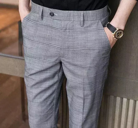 Xadrez masculino anti-rugas calças cortadas, roupas de grife casual, terno masculino reto, verão, fino, barato, designer, cheque, 9