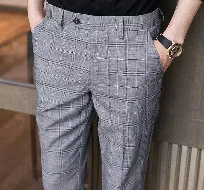 Xadrez masculino anti-rugas calças cortadas, roupas de grife casual, terno masculino reto, verão, fino, barato, designer, cheque, 9