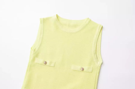 Mini vestido de bolso feminino sem mangas com o pescoço, malha, elegante vestido de botão, fino Lady Fashion, verão, fêmea, 2024