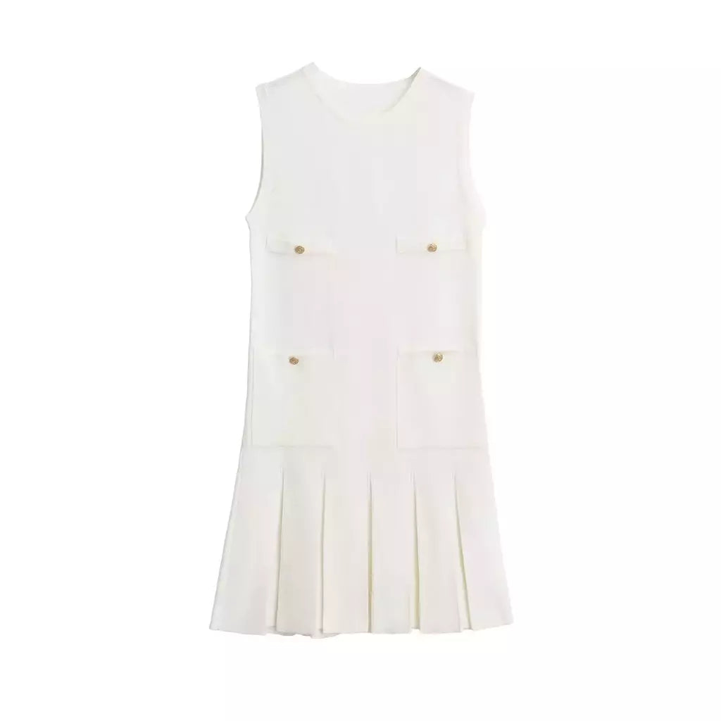 Mini vestido de bolso feminino sem mangas com o pescoço, malha, elegante vestido de botão, fino Lady Fashion, verão, fêmea, 2024