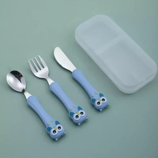 Talheres portáteis de aço inoxidável para crianças, Spoon Forks Box Utensílios de alimentação do bebê Conjunto de talheres para bebês, 3pcs