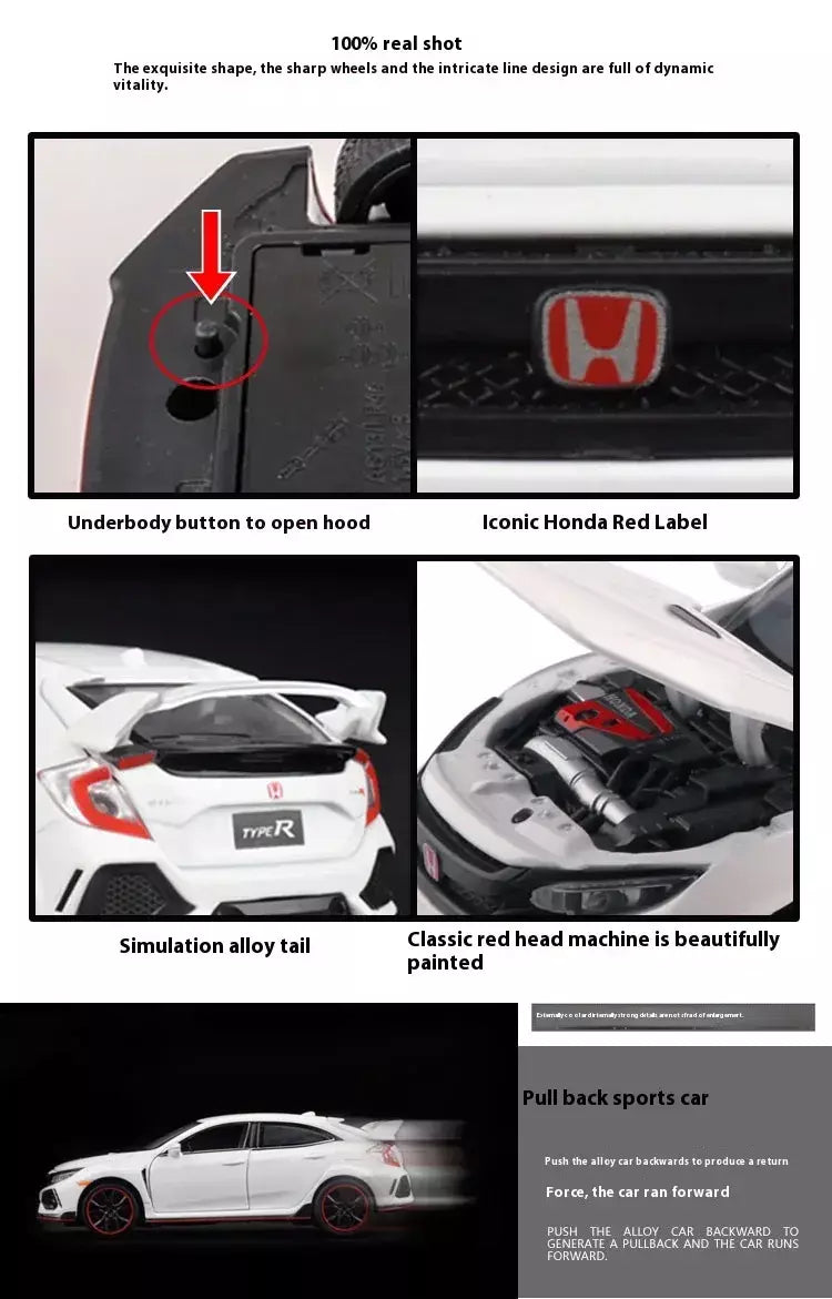 1:32 honda civic tipo-r liga carro esportivo diecast modelo de metal carro ornamentos de controle central modelo de carro em miniatura crianças brinquedos presente