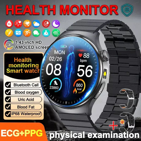2026 novo relógio inteligente masculino feminino exame micro-físico ecg + ppg oxigênio no sangue ácido úrico pressão arterial safira smartwatch masculino