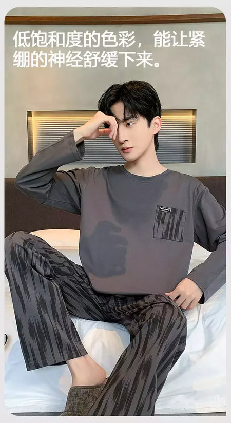 Pijama de algodão de duas peças masculino, calça de manga comprida, traje caseiro, estudante e adolescente, novo outono