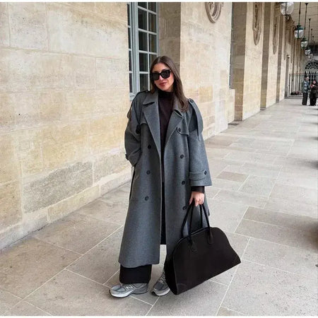 Trench coat maxi oversized feminino com lapela entalhada com cinto duplo breasted vintage streetwear 2025 tendência casual casacos diários