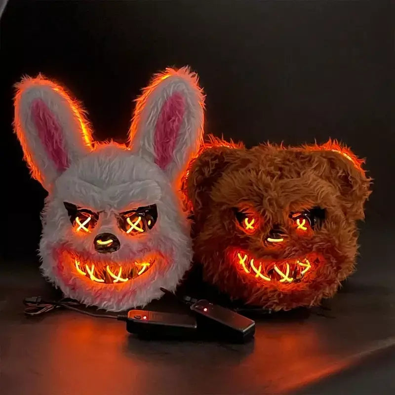 Nova luz led halloween cosplay máscara facial festa mostrar palco maquiagem horror sangrento coelho urso máscara dos desenhos animados carnaval cabeça capa