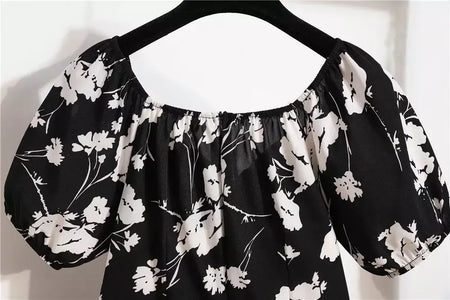 Mulheres mini vestidos de verão moda feminina vestidos impressão floral chiffon vestidos shirring plissado manga curta inchado vestido casual