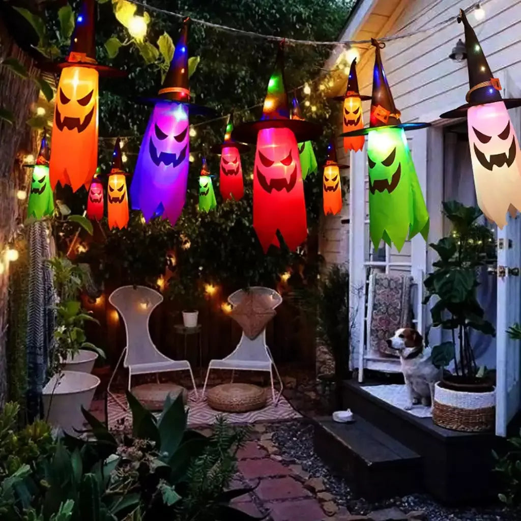Decorações de Halloween ao ar livre 5 PCS pendurado Halloween iluminado brilhante chapéu de bruxa fantasma com luzes de corda LED para festa jardim