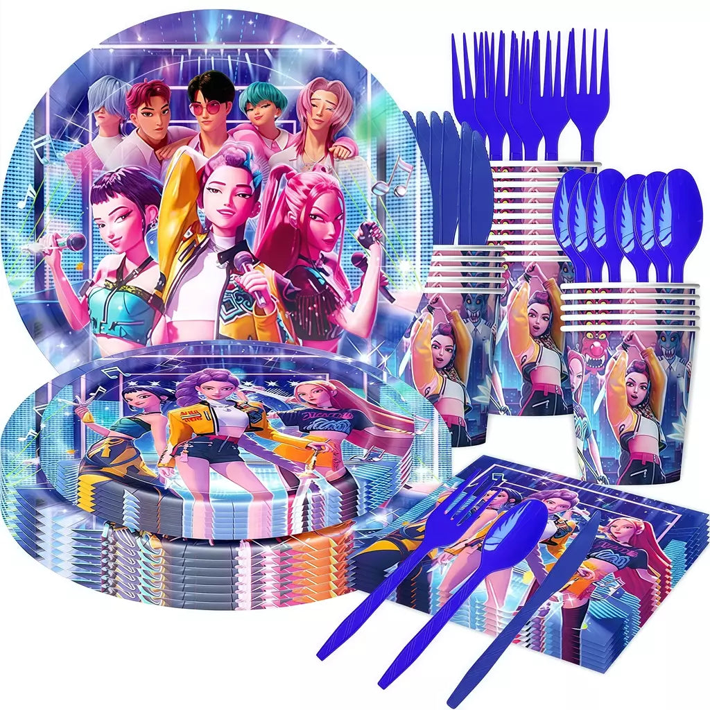Conjunto de talheres para decoração de festa de aniversário, caçadores de demônios, copo, prato, guardanapo, banner, balão, meninas, coreano, kpop, anime, suprimentos de festa, decoração