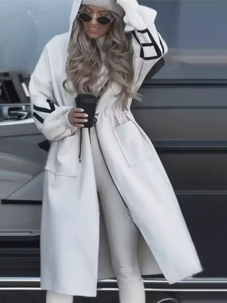 Casual longo retalhos casacos de malha feminino casual hoodies rendas até bolsos jaquetas femininas 2024 outono inverno nova senhora outerwears